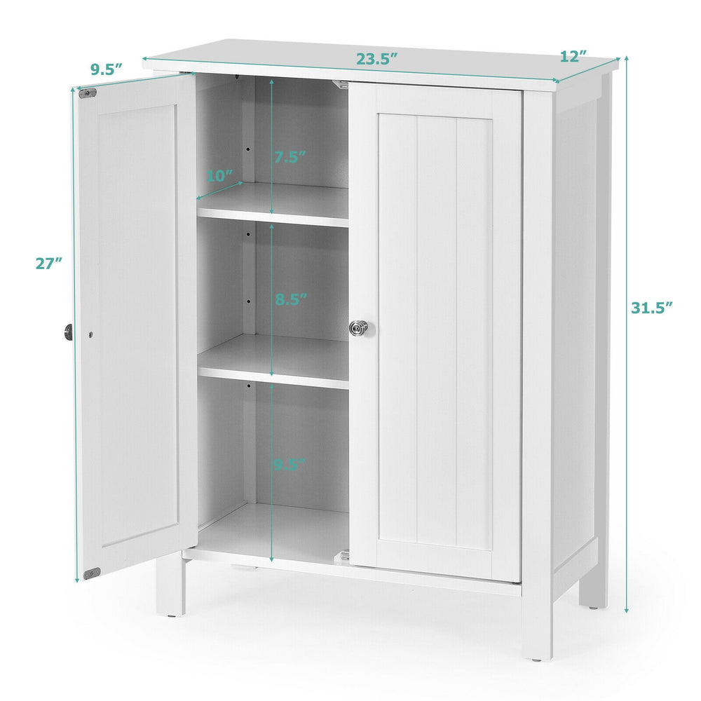 2-door white bathroom storage cabinet with adjustable shelves, ideal for towels and toiletries, featuring a sleek.