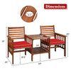 Acacia wood outdoor patio loveseat set with red cushions, featuring a coffee table and umbrella hole for outdoor use.