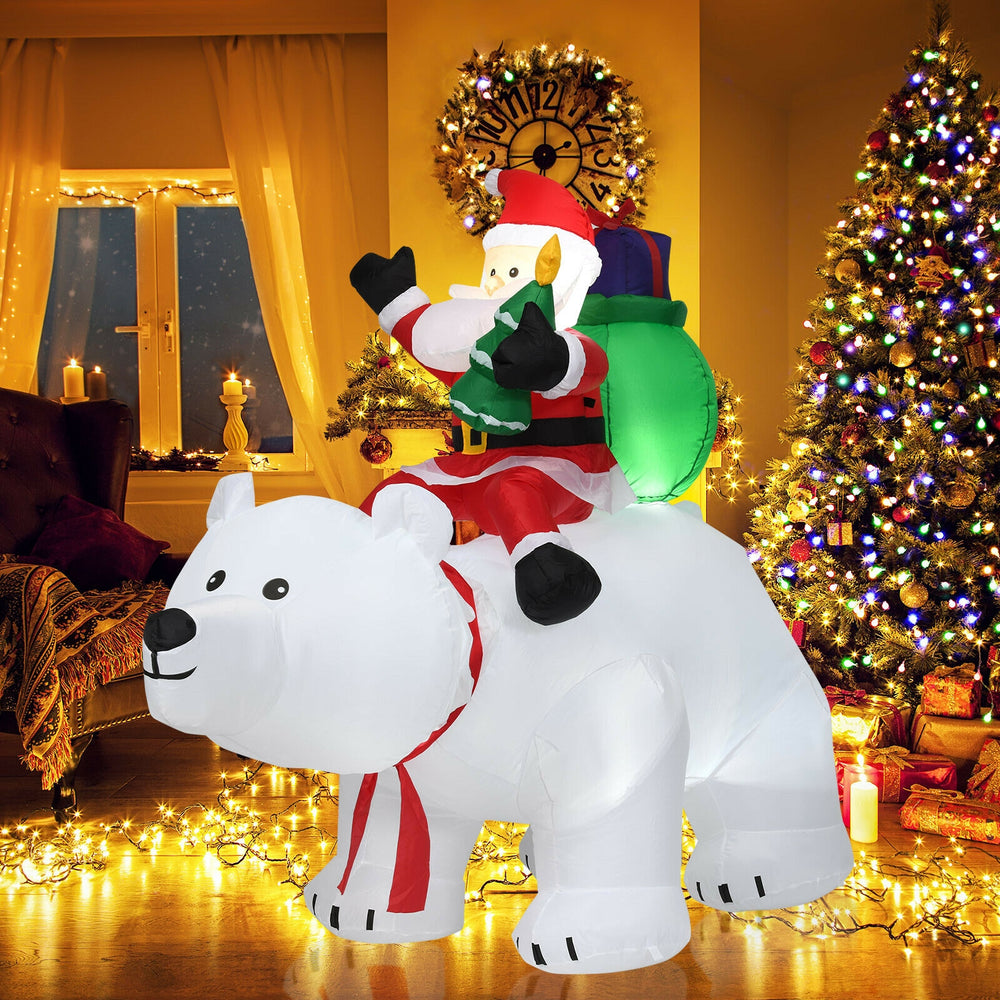 Christmas inflatable featuring Santa riding a polar bear, 6.5 feet tall, with LED lights for festive decoration.