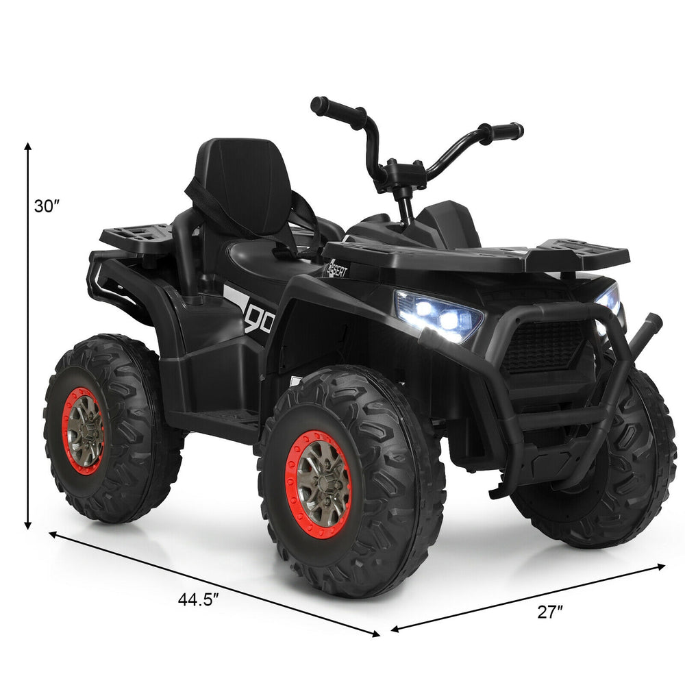 Black 12V kids electric ATV with LED lights, MP3, and safety features, designed for fun and easy control.