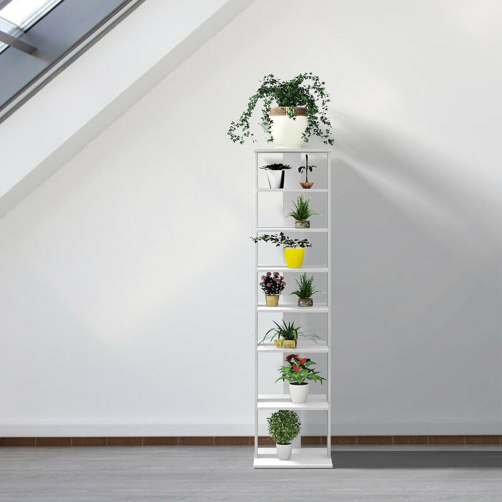 7-tier white wooden shoe rack organizer with plants, perfect for keeping shoes tidy in hallways or rooms.