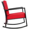 Red cushioned patio rattan rocking chair with sturdy metal frame, designed for outdoor relaxation and comfort.