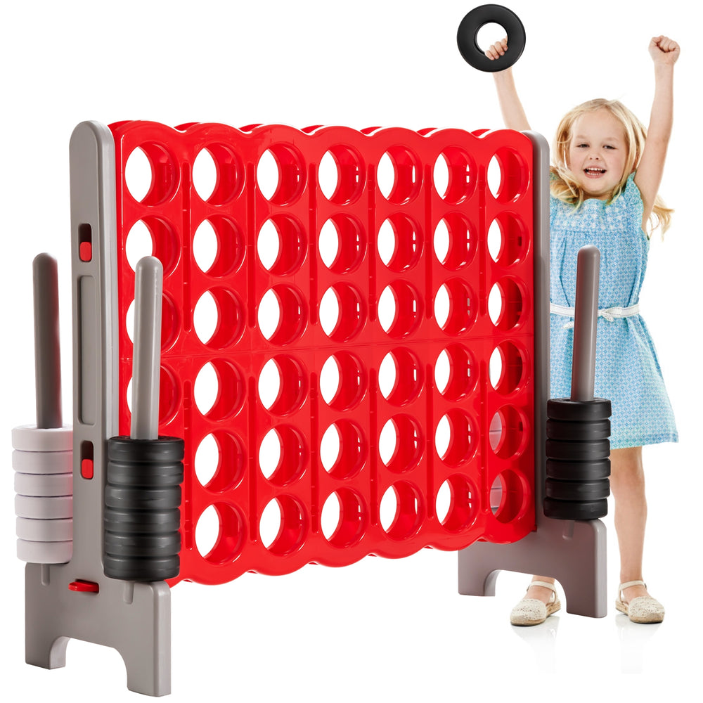 Jumbo 4 to Score game set in red with 42 rings, perfect for outdoor parties and improving children's motor skills.