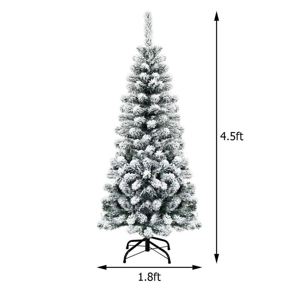 Snow flocked 4.5ft unlit pencil Christmas tree with 242 branch tips, perfect for limited spaces and festive decor.