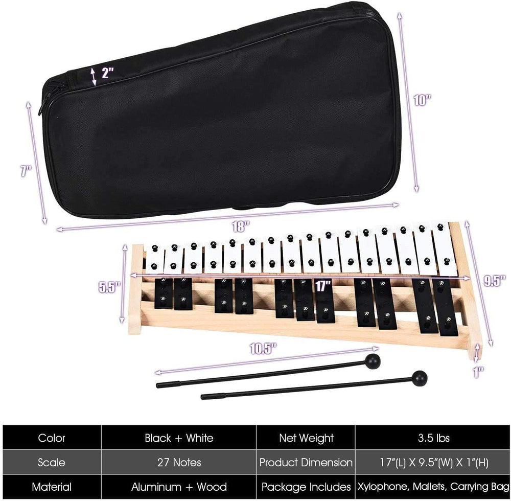 27-note glockenspiel xylophone with rubber mallets, sturdy wood frame, and carrying bag for music on the go.