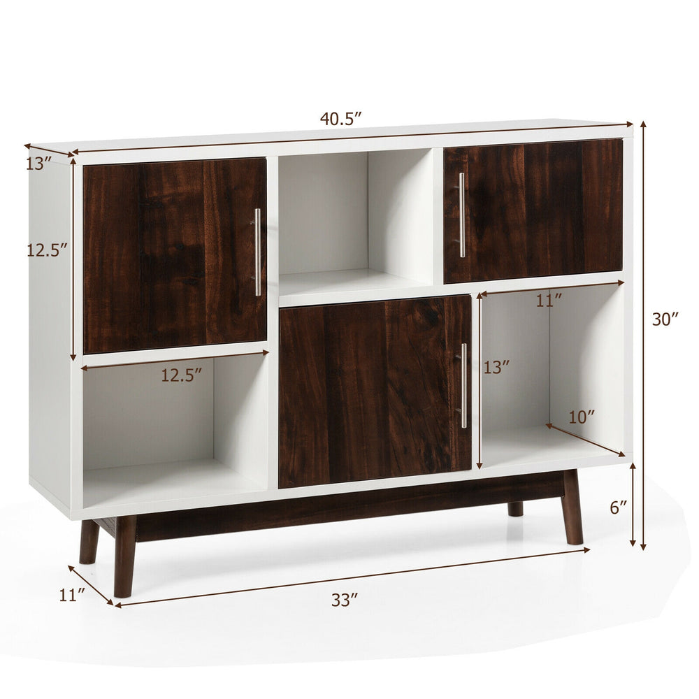 Wood display sideboard storage cabinet with 6 compartments, white and espresso finish, perfect for home organization.