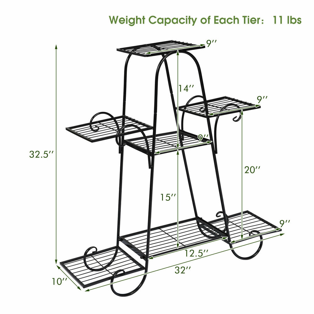 7 tier metal patio plant stand with hollow-out trays, durable iron structure, ideal for home and garden decoration.