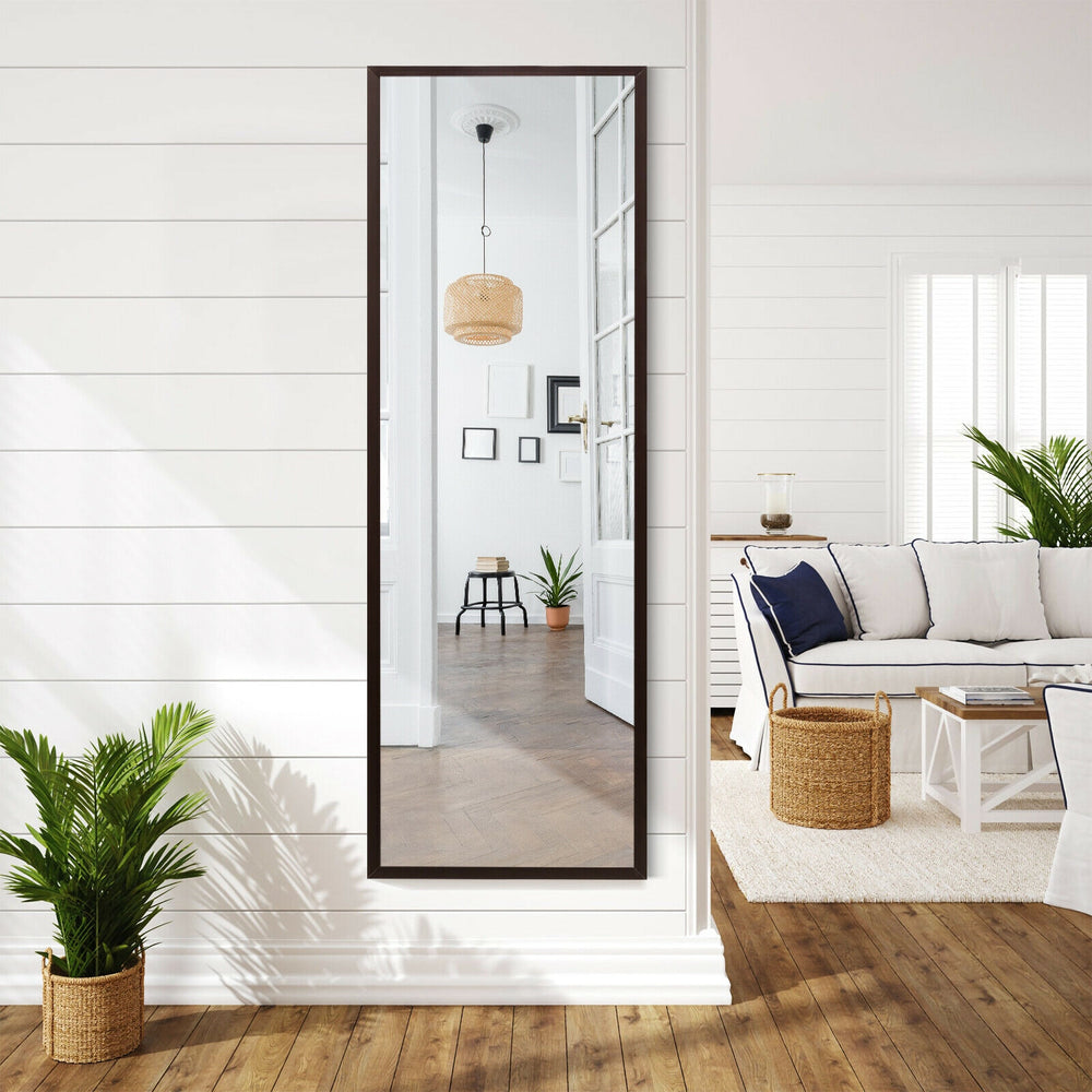 Full length metal door mirror with adjustable hooks, featuring a coffee finish, perfect for wall or door placement.