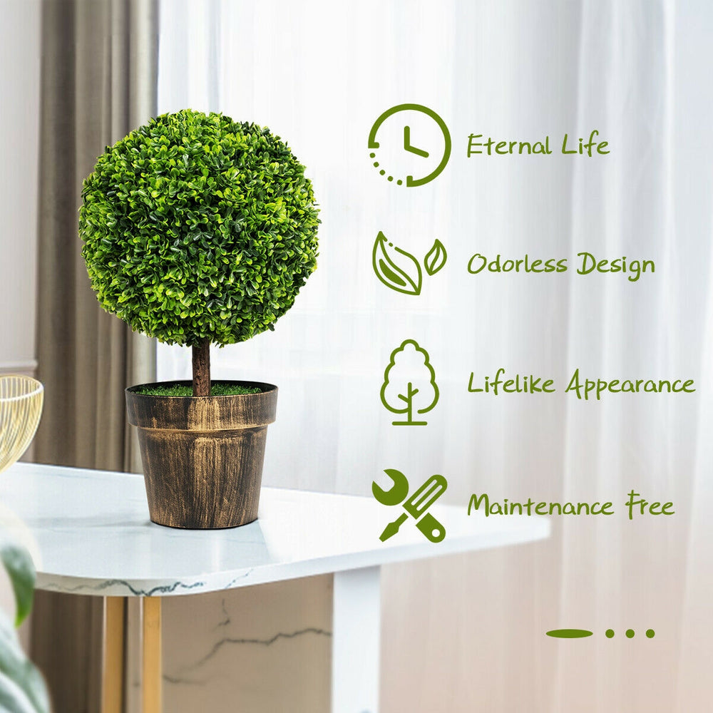 24-inch artificial boxwood topiary ball tree in a cement pot, perfect for indoor and outdoor decoration.