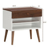 Mid-century nightstand with drawer and rubber wood legs, featuring open shelves for storage, ideal for bedroom or.