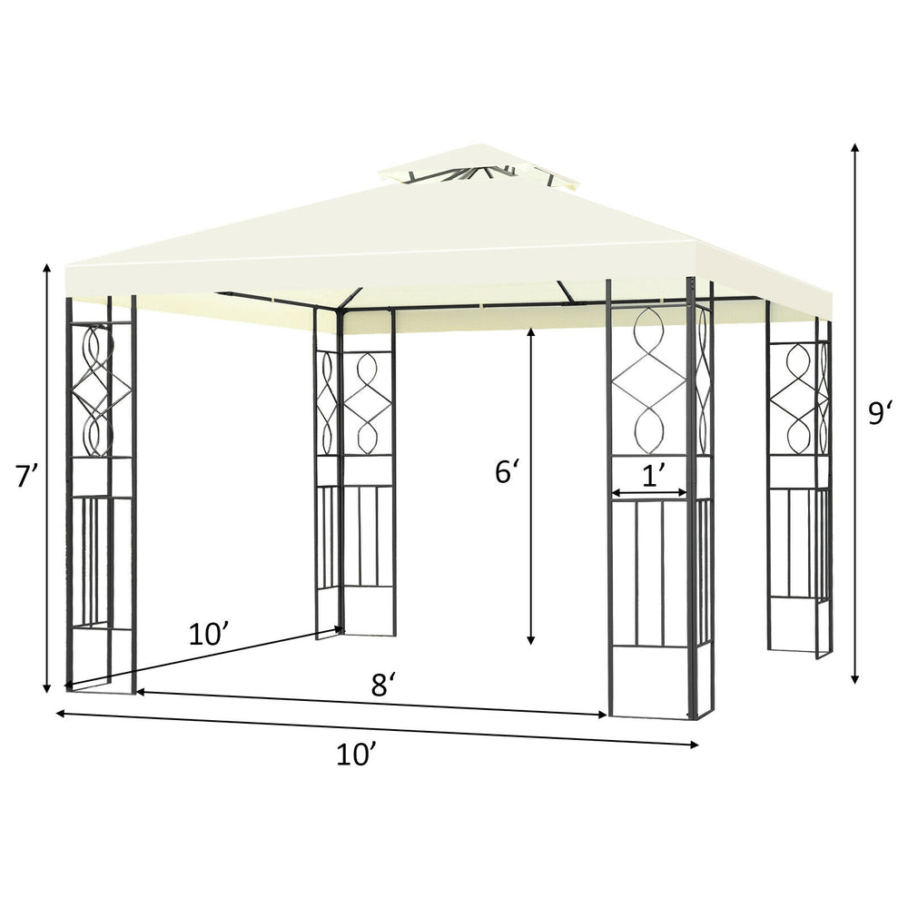 10 x 10 feet patio gazebo canopy tent with a double tier roof and decorative patterns, perfect for outdoor activities.