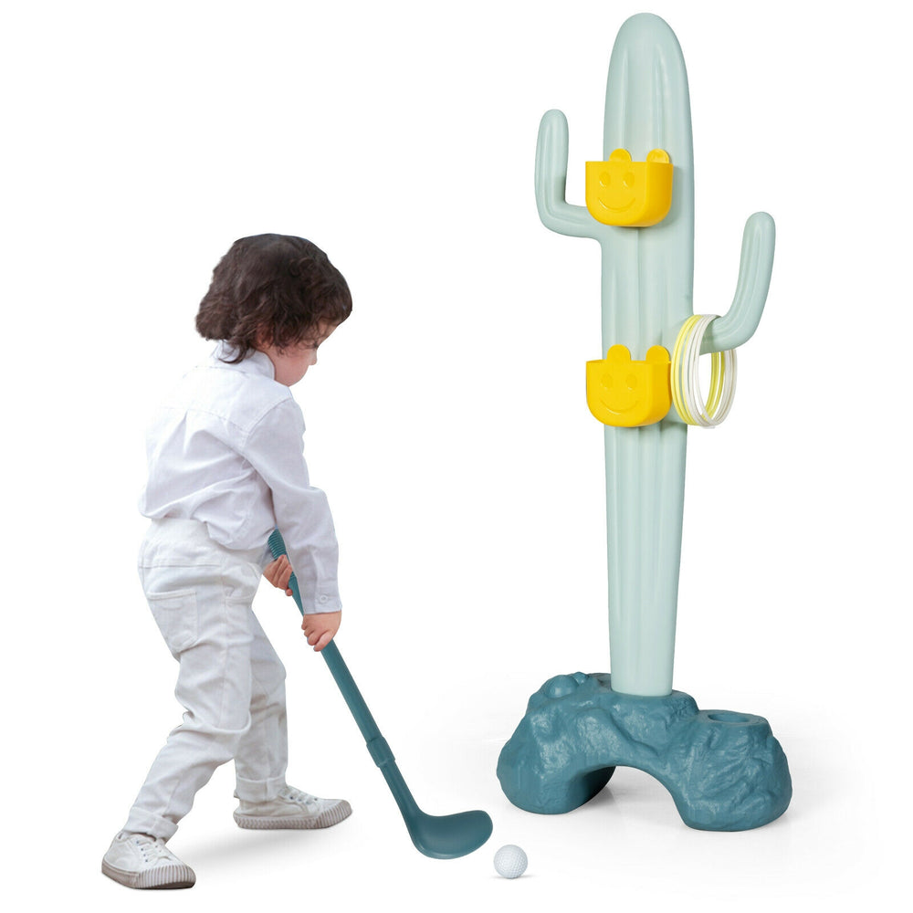 Cactus toy stand with golf and ring-toss features, promoting kids' hand-brain skills and stability for safe play.