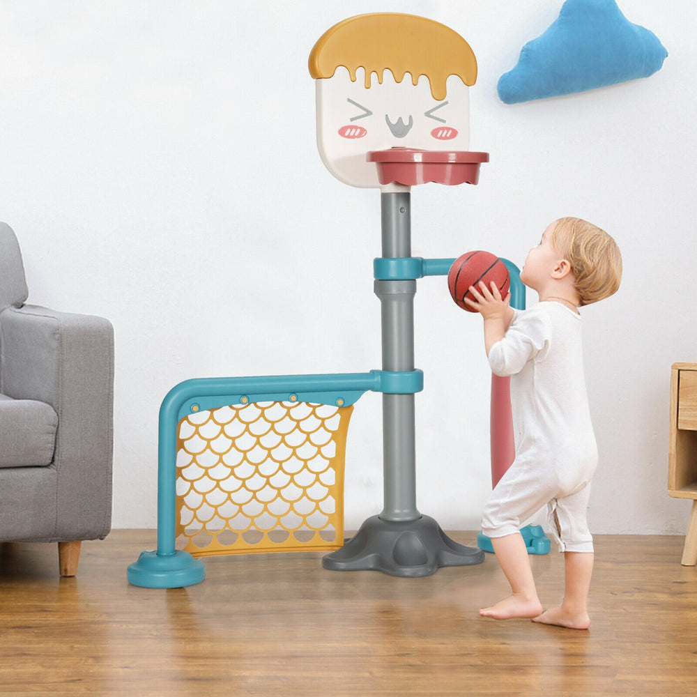 Height adjustable 3-in-1 basketball stand set with soccer goal, perfect for kids' play in living room or kindergarten.