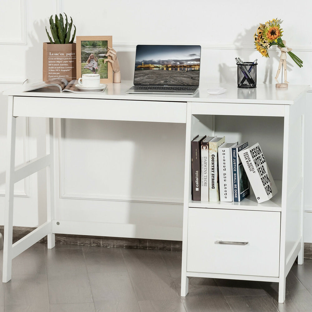 47.5-inch modern white computer desk featuring a sleek design with an open shelf for additional storage in any.