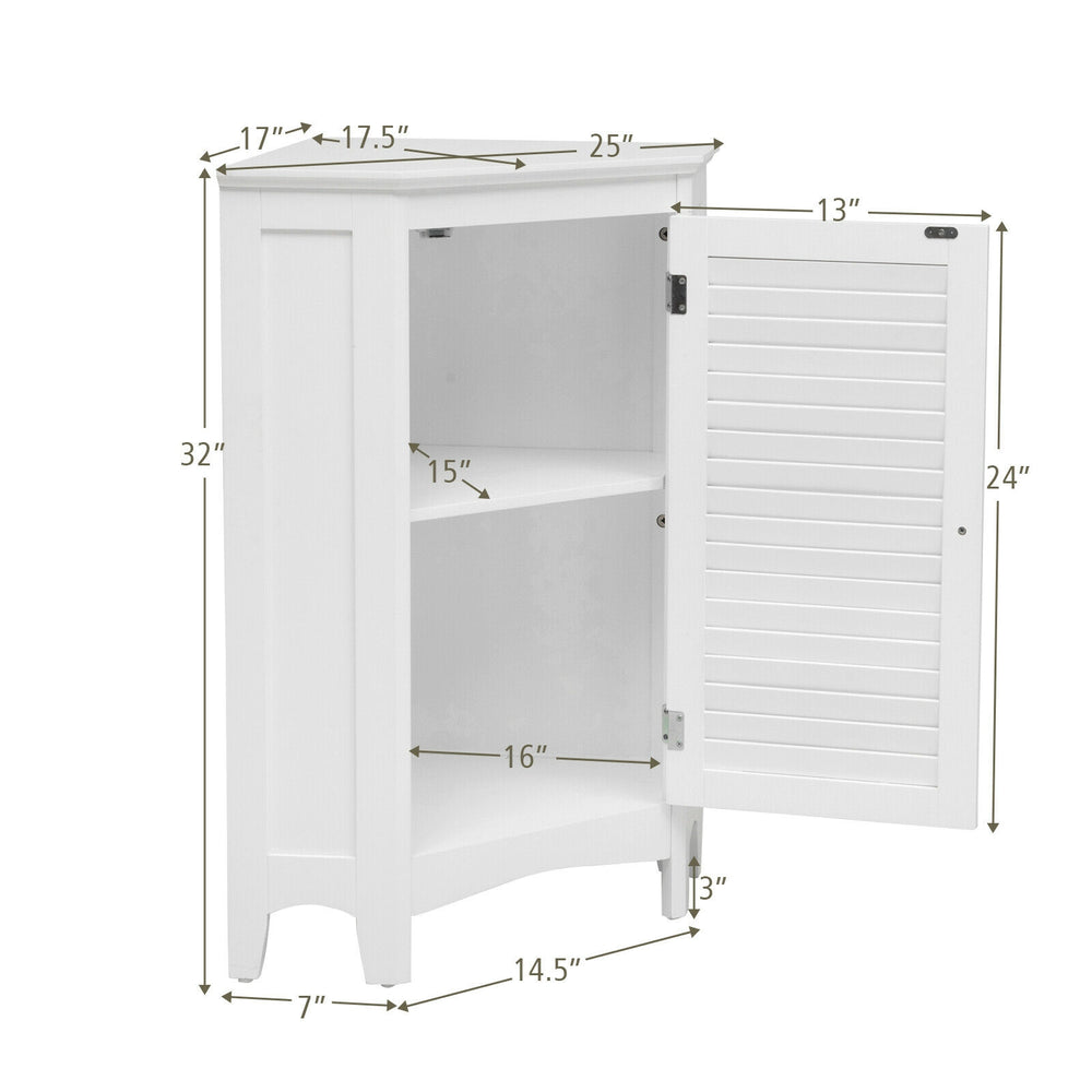 White corner storage cabinet with shutter door, adjustable shelf, and anti-tipping design for efficient space use.