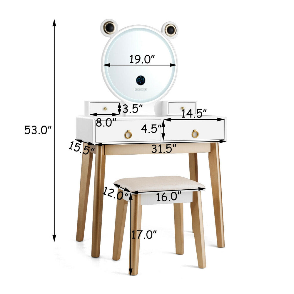 Vanity set featuring a touch screen dimming mirror, four storage drawers, and solid beech wood legs for stability.