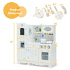 White kitchen pretend play set with water dispenser, made of MDF and PP plastic, ideal for kids' imaginative play.