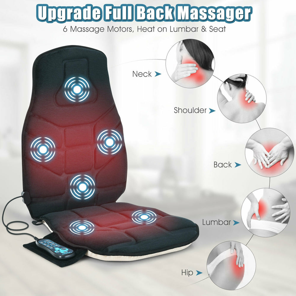 Memory foam seat cushion massager with 6 vibration motors and heat for lumbar support, ideal for home or office use.