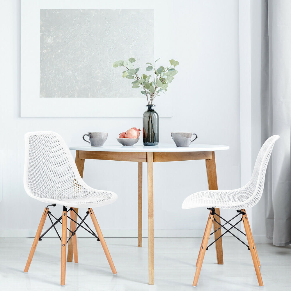 2 Pcs Modern Plastic Hollow Chair Set with Wood Leg-White - Gallery View 1 of 12