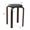 Stackable bentwood round stool with padded black seat, 18.5" height, 15" diameter, ideal for dining or extra seating.