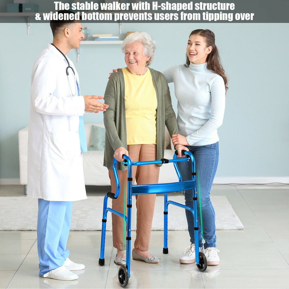 Stable blue aluminum heavy-duty folding wheeled walker with dual-tier armrests, designed for easy standing and safety.