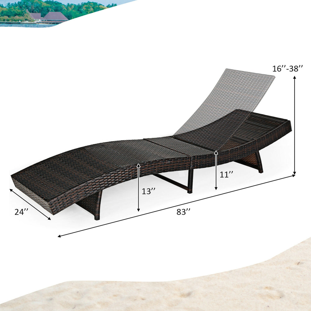 Adjustable rattan chaise lounge chair with turquoise cushion, featuring a curved design for comfort, ideal for patio.