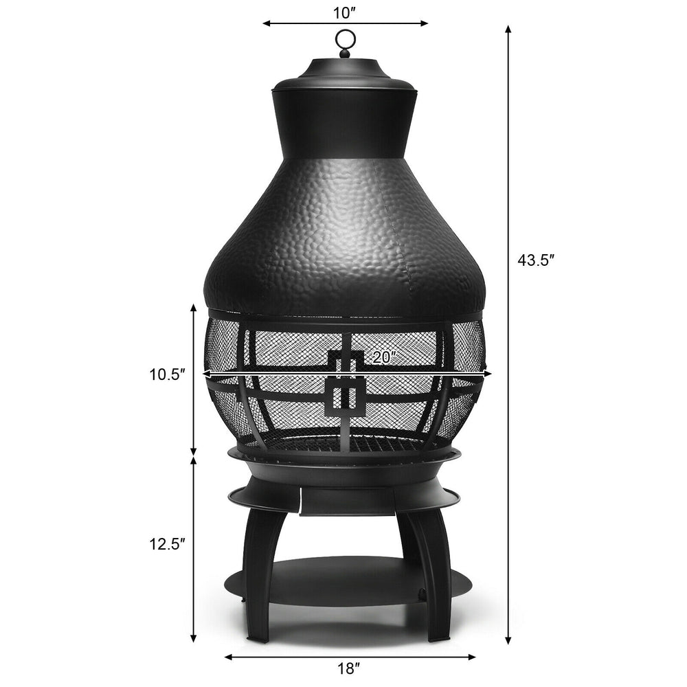 Patio wood burning chimney fireplace with heavy-duty cast iron, round mesh design, ideal for outdoor use in backyards.