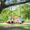 Colorful 60-inch saucer swing with three children enjoying outdoor play, adjustable height for versatile use.