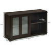 Brown sideboard buffet cupboard with sliding tempered glass doors, featuring two shelves and a spacious top for storage.