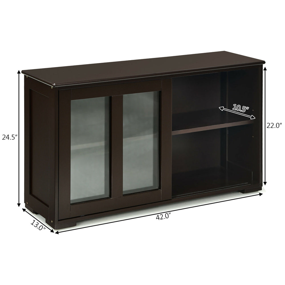 Brown sideboard buffet cupboard with sliding tempered glass doors, featuring two shelves and a spacious top for storage.
