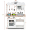 Wooden pretend play kitchen set for kids featuring an oven, sink, and stove, promoting imaginative role-play and.