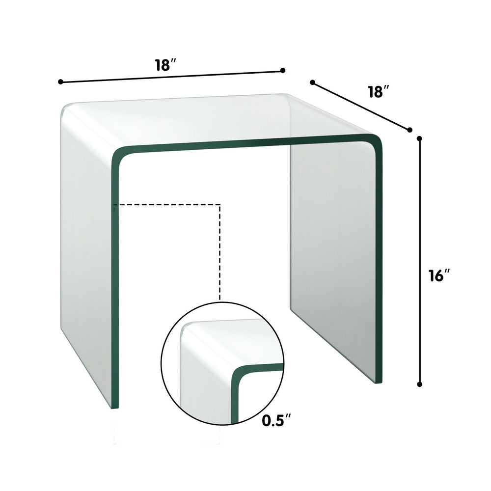 Tempered glass waterfall end table with U-frame design, 18x18x16 inches, suitable for living room or office use.