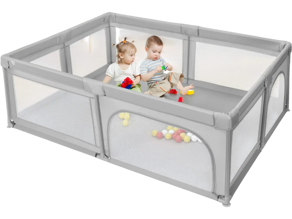 Extra-large gray baby playpen with a spacious design and 50 ocean balls, ideal for crawling and learning to stand.