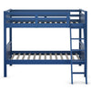 Navy wooden bunk bed featuring a sturdy frame and slats, designed for safety with high guardrails and an inclined.