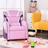 Kids leather recliner chair in pink with adjustable backrest and footrest, perfect for reading or napping.