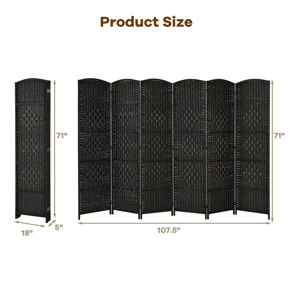 6-panel black folding room divider screen, 6.5 ft tall, made of durable poplar and handwoven fiber for versatile use.