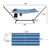 Hammock chair stand set with blue striped cotton fabric, pillow, and cup holder, ideal for indoor or outdoor relaxation.
