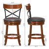 Set of 2 swivel bar stools with rubber wood legs, curved backrest, and soft cushion for comfortable seating.