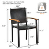 Stackable outdoor patio chair featuring mix-brown PE rattan and acacia wood armrests, ideal for backyard gatherings.
