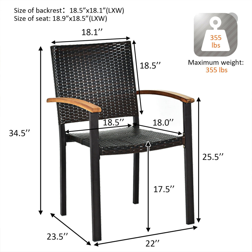 Stackable outdoor patio chair featuring mix-brown PE rattan and acacia wood armrests, ideal for backyard gatherings.