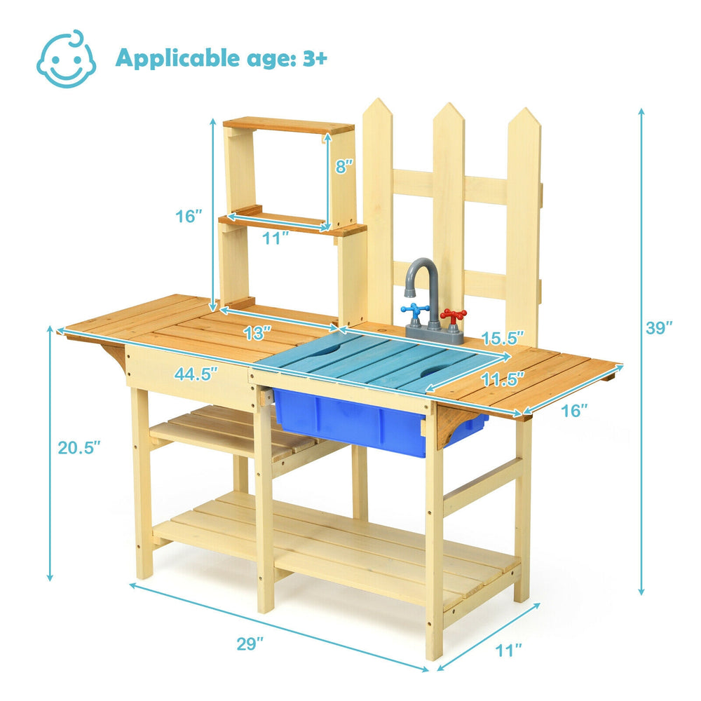 Kid's outdoor wooden pretend cook kitchen playset made of fir wood with a blue basin, ideal for imaginative play in the.