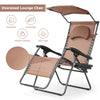 Oversized folding recliner lounge chair in brown with adjustable sun shade canopy and cup holder, perfect for outdoor.