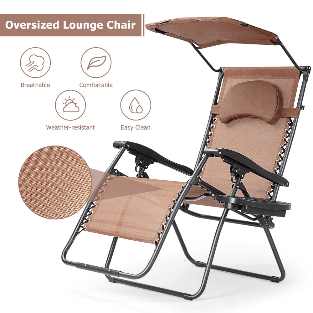 Oversized folding recliner lounge chair in brown with adjustable sun shade canopy and cup holder, perfect for outdoor.