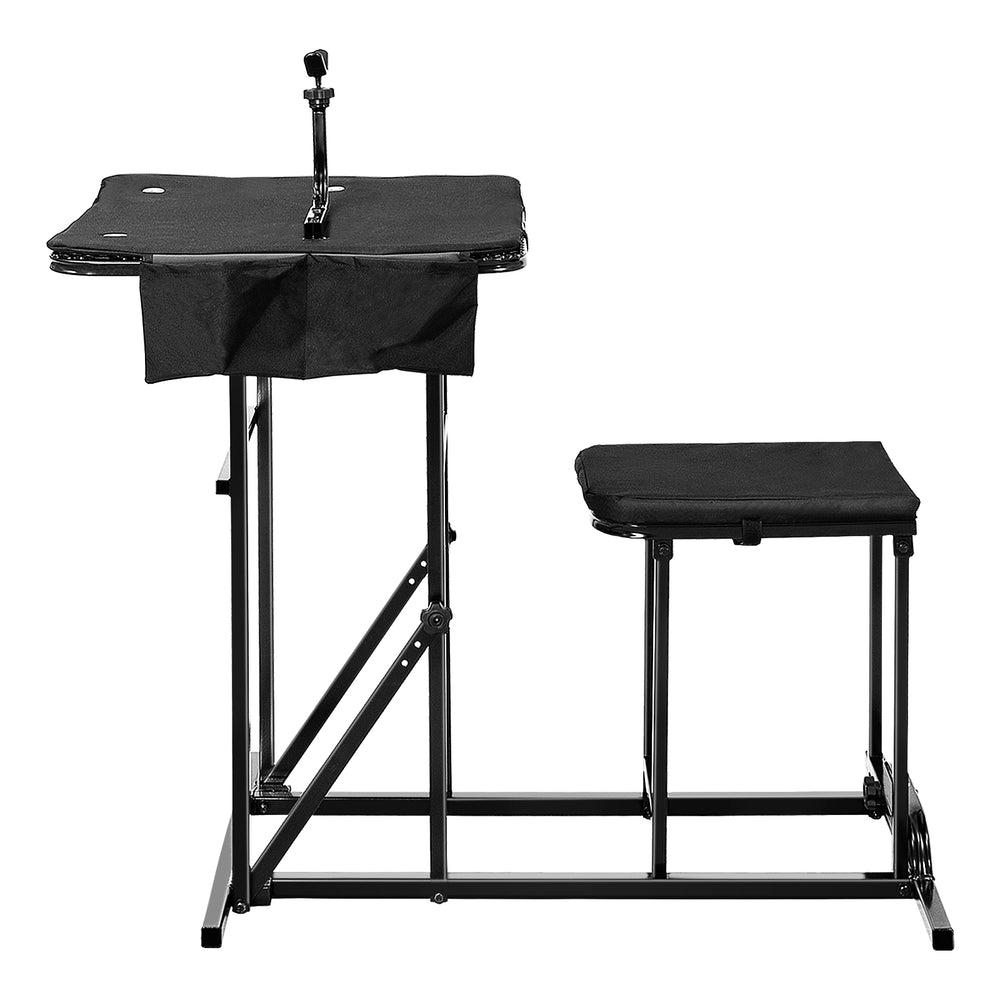 Foldable shooting bench with adjustable height and sturdy steel frame, featuring two pockets for accessories and ammo.