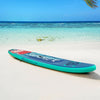 10-foot inflatable stand-up paddleboard in turquoise, ideal for water activities like yoga, fishing, and sunbathing.