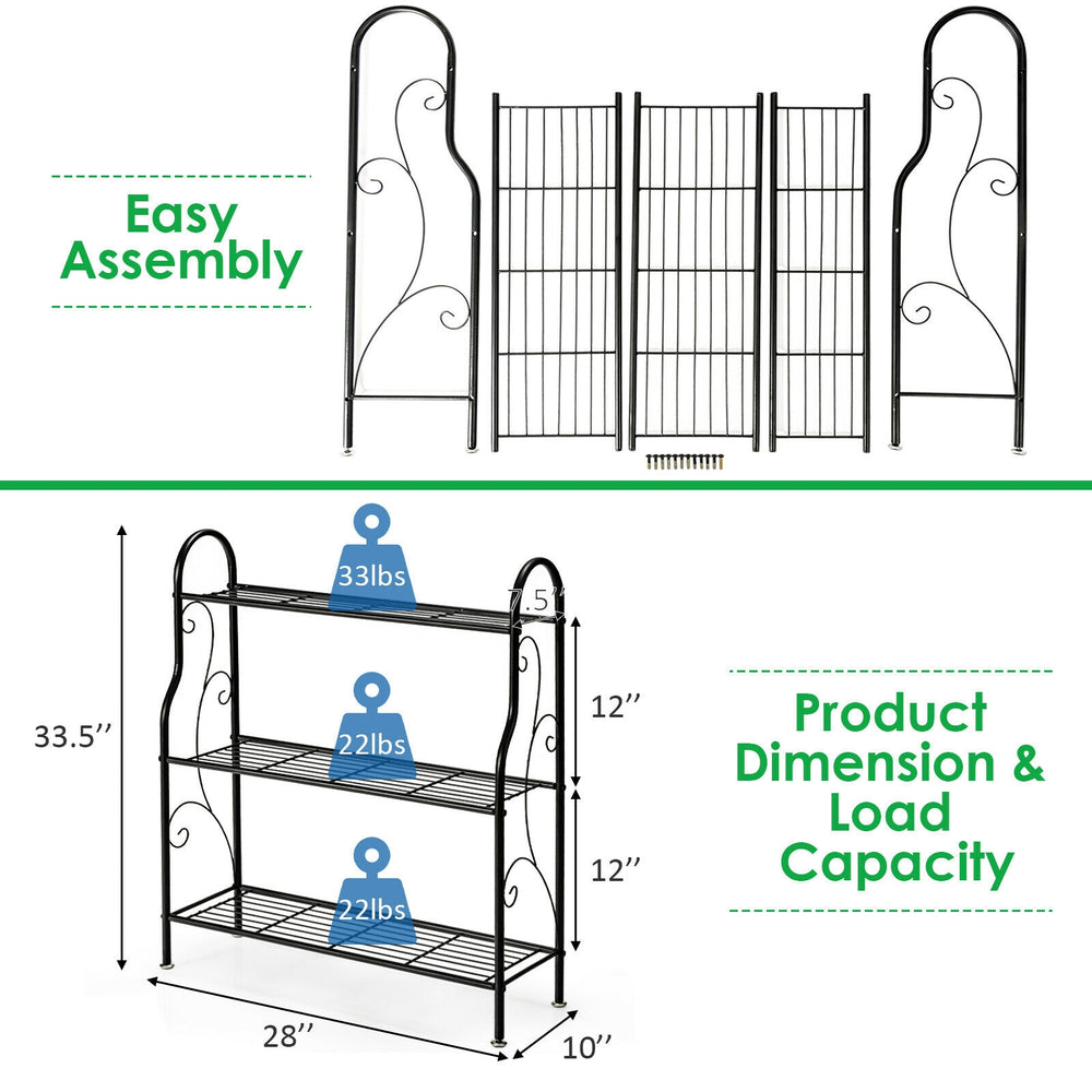3-tier black metal plant stand with scrollwork design, featuring sturdy iron construction and adjustable footpads for.
