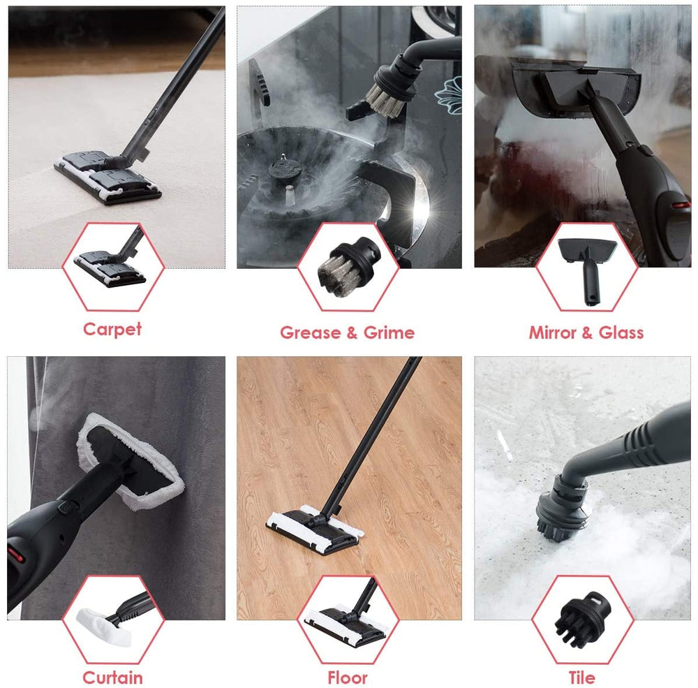 Multi-purpose steam cleaner mop with 19 accessories for deep cleaning floors, windows, and more, featuring adjustable.