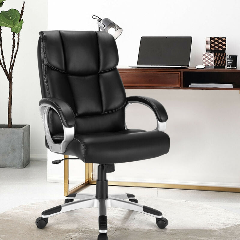 Big and tall adjustable high back leather executive desk chair with ergonomic design, padded armrests, and.