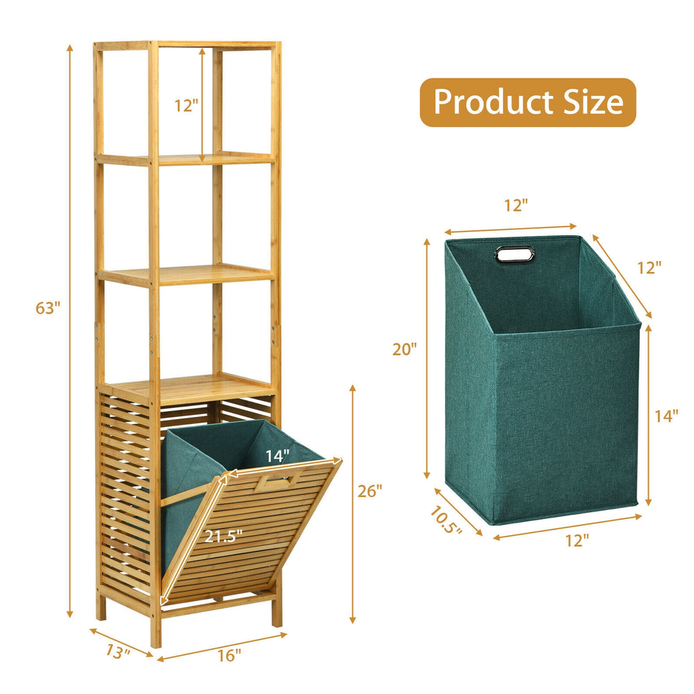 Bamboo tower hamper organizer with tilt-out laundry compartment and 3-tier storage shelves for bathroom or laundry room.