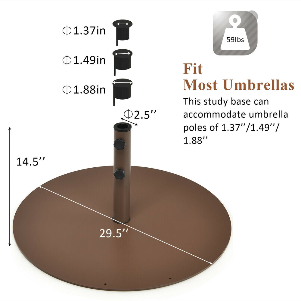29.5-inch outdoor steel umbrella base stand with 3 adapters for 1.37" to 1.88" poles, ideal for backyard and poolside.